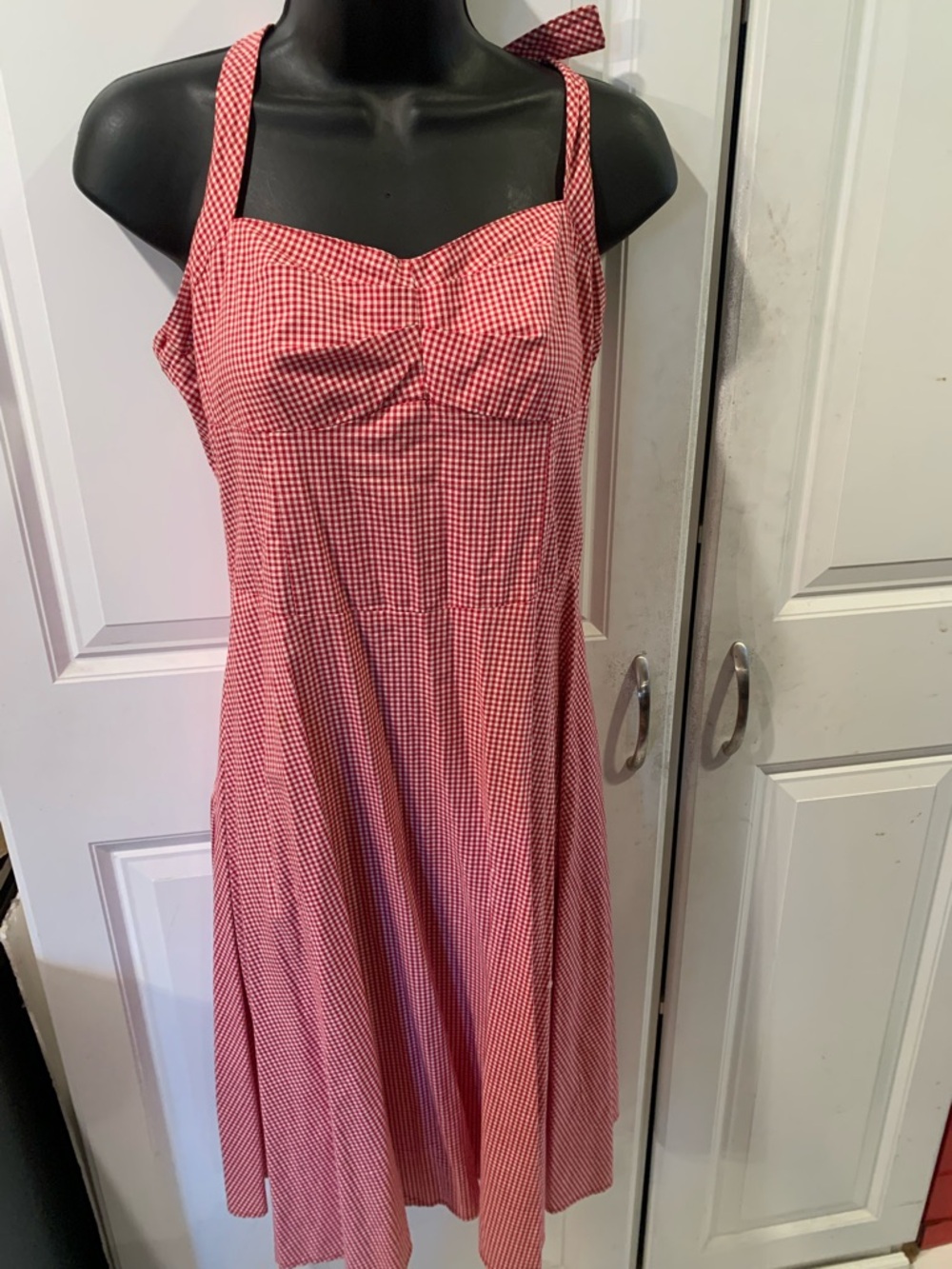 Red Gingham Midi Dress with Sweetheart Neckline
